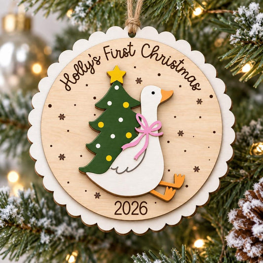 Personalized Baby First Christmas Ornament: Scallop Wooden Goose, Christmas Keepsake