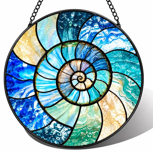 Ocean Nautilus Shell Suncatcher, Stained Glass Spiral Window Hanging, Coastal Beach House Decor, Ocean Wave Art, Gift for Her