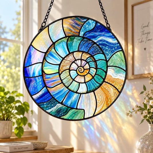 Ocean Nautilus Shell Suncatcher, Stained Glass Spiral Window Hanging, Coastal Beach House Decor, Ocean Wave Art, Gift for Her