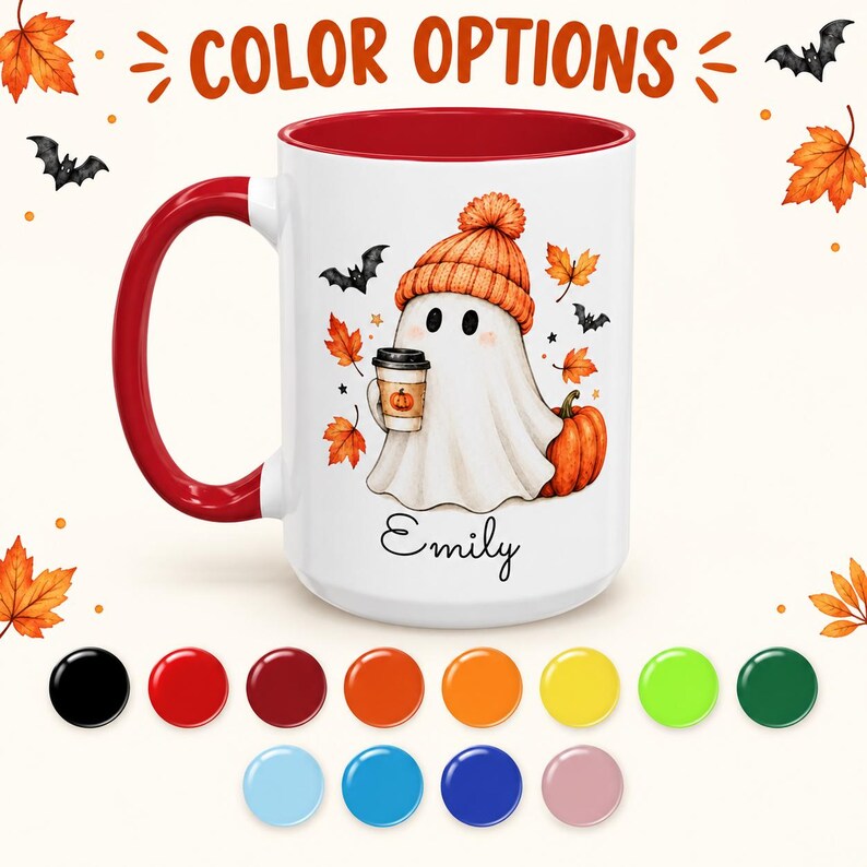 Personalized fall ghost mug, custom name pumpkin spice coffee cup, cute halloween accent mug, cozy autumn gift for her