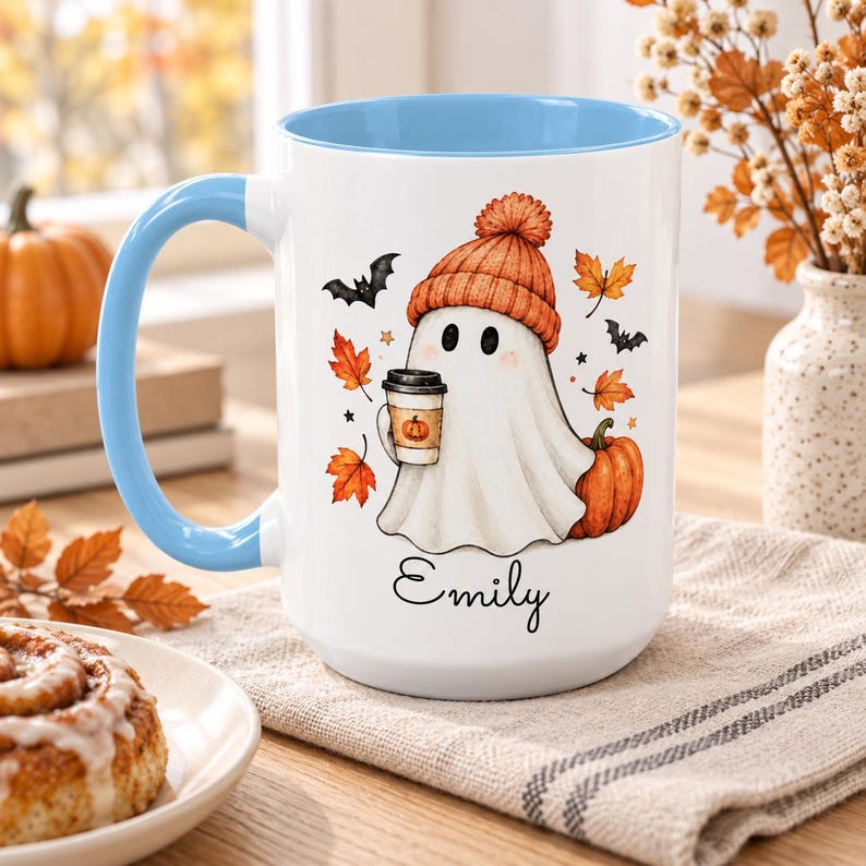 Personalized fall ghost mug, custom name pumpkin spice coffee cup, cute halloween accent mug, cozy autumn gift for her