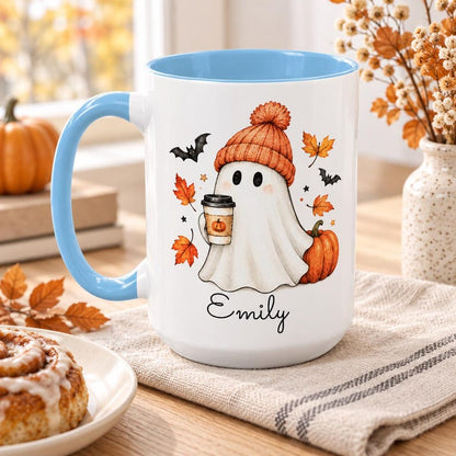 Personalized fall ghost mug, custom name pumpkin spice coffee cup, cute halloween accent mug, cozy autumn gift for her
