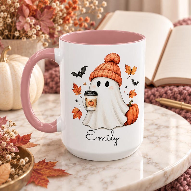 Personalized fall ghost mug, custom name pumpkin spice coffee cup, cute halloween accent mug, cozy autumn gift for her
