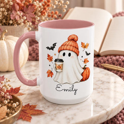 Personalized fall ghost mug, custom name pumpkin spice coffee cup, cute halloween accent mug, cozy autumn gift for her