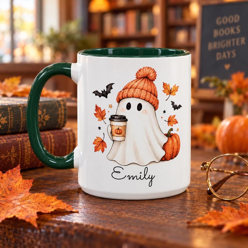 Personalized fall ghost mug, custom name pumpkin spice coffee cup, cute halloween accent mug, cozy autumn gift for her