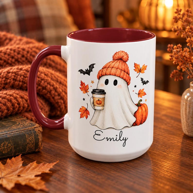 Personalized fall ghost mug, custom name pumpkin spice coffee cup, cute halloween accent mug, cozy autumn gift for her