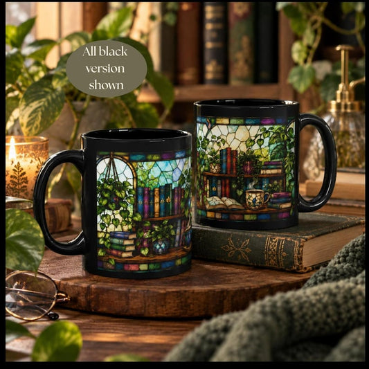 Floral Bookshelf Coffee Mug | Book Lover Gift | Stained Glass Style Mug | Library Aesthetic | Reader & Teacher Gift | Bookish Plant Lovers