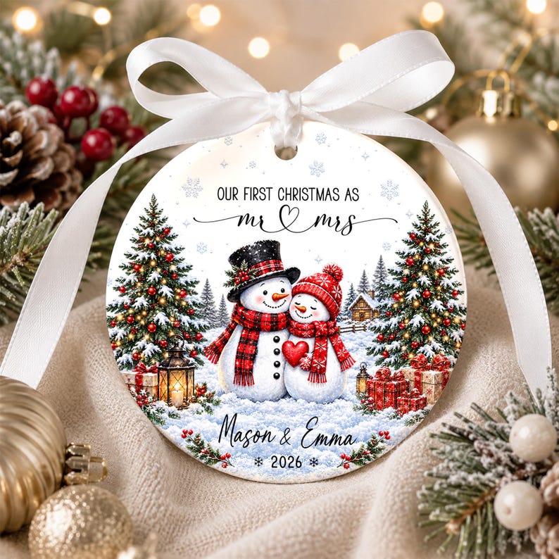 Our First Christmas Ornament, Kissing Snowman Ceramic Ornament, Engaged Married Keepsake, Custom Couple Name Wedding Gift For Newlyweds