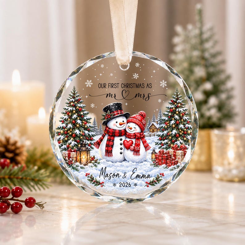 Our First Christmas Ornament, Kissing Snowman Ceramic Ornament, Engaged Married Keepsake, Custom Couple Name Wedding Gift For Newlyweds