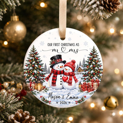 Our First Christmas Ornament, Kissing Snowman Ceramic Ornament, Engaged Married Keepsake, Custom Couple Name Wedding Gift For Newlyweds