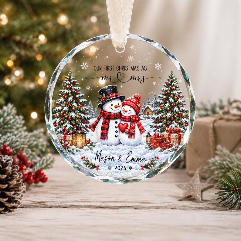 Our First Christmas Ornament, Kissing Snowman Ceramic Ornament, Engaged Married Keepsake, Custom Couple Name Wedding Gift For Newlyweds