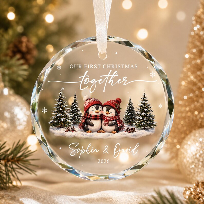 Our First Christmas Together Ornament, Personalized Couple Penguin Ornament, Custom Names Newlywed Gift, Engagement Wedding Keepsake