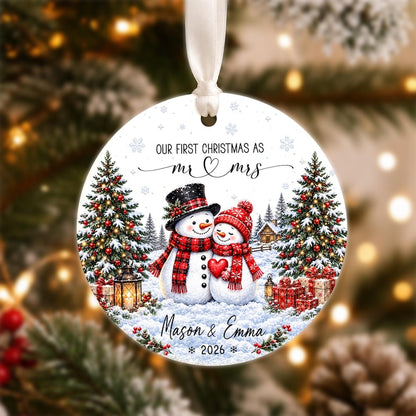 Our First Christmas Ornament, Kissing Snowman Ceramic Ornament, Engaged Married Keepsake, Custom Couple Name Wedding Gift For Newlyweds
