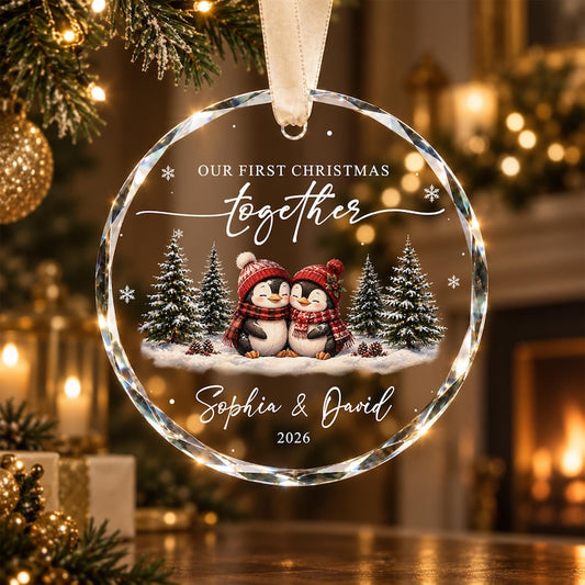 Our First Christmas Together Ornament, Personalized Couple Penguin Ornament, Custom Names Newlywed Gift, Engagement Wedding Keepsake