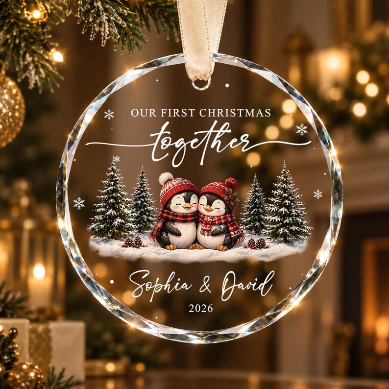Our First Christmas Together Ornament, Personalized Couple Penguin Ornament, Custom Names Newlywed Gift, Engagement Wedding Keepsake
