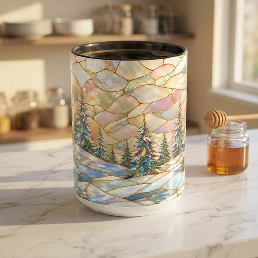 Winter Fir Trees Mug, Stained Glass Christmas Mug, Snowy Forest Coffee Cup, Pine Tree Scene Gift, Cottagecore Christmas Gift, Iridescent Mug