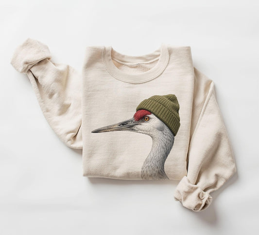 Retro 90's Sandhill Crane Wearing Beanie - Vintage Birdwatching Birding Unisex Sweatshirt