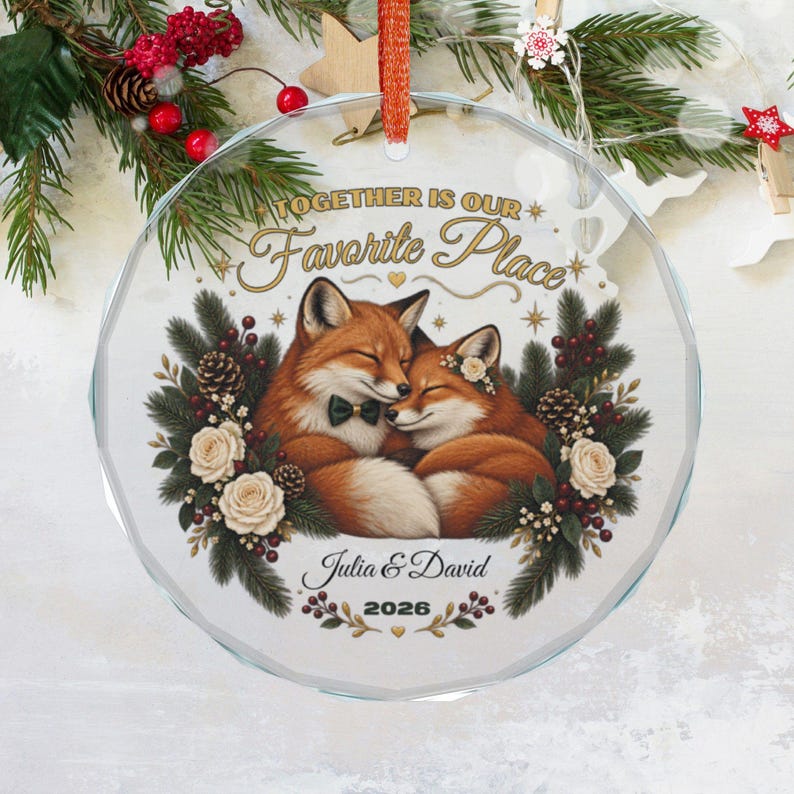 Personalized Couple Christmas Ornament Fox Couple Gift Custom Names and Year Romantic Keepsake Crystal Glass Ornament with Gift Box