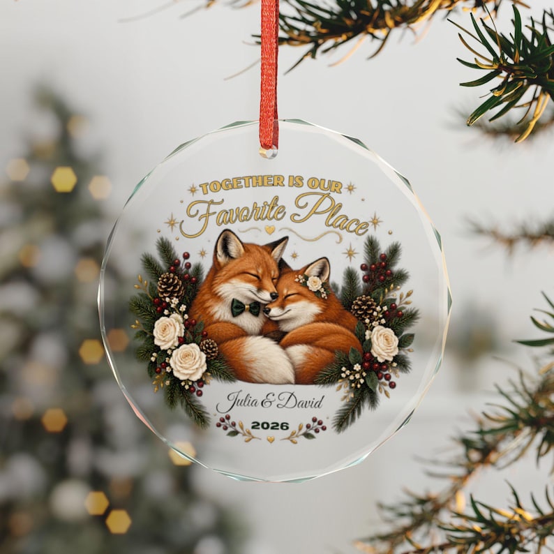 Personalized Couple Christmas Ornament Fox Couple Gift Custom Names and Year Romantic Keepsake Crystal Glass Ornament with Gift Box