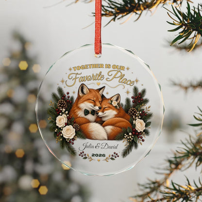 Personalized Couple Christmas Ornament Fox Couple Gift Custom Names and Year Romantic Keepsake Crystal Glass Ornament with Gift Box