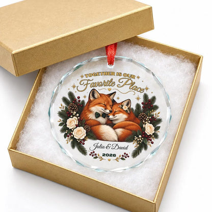 Personalized Couple Christmas Ornament Fox Couple Gift Custom Names and Year Romantic Keepsake Crystal Glass Ornament with Gift Box