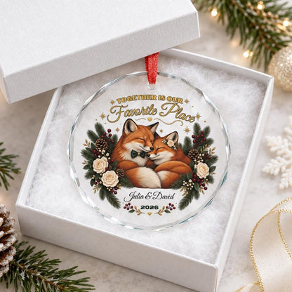 Personalized Couple Christmas Ornament Fox Couple Gift Custom Names and Year Romantic Keepsake Crystal Glass Ornament with Gift Box