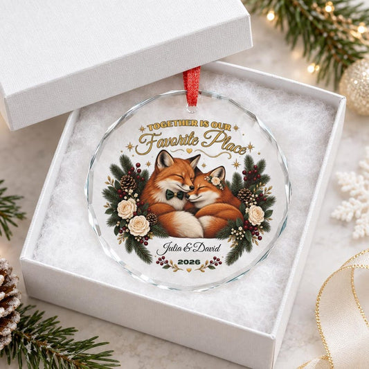 Personalized Couple Christmas Ornament Fox Couple Gift Custom Names and Year Romantic Keepsake Crystal Glass Ornament with Gift Box