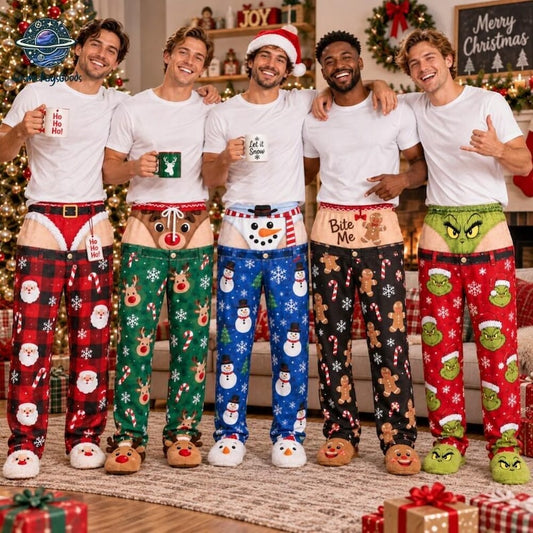 Funny Santa Nice List Fake Underwear Pajama Pants, Christmas Drop Pants Illusion PJs, Red Plaid Xmas Lounge Pants, Holiday Gag Gift