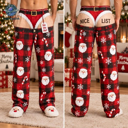 Funny Santa Nice List Fake Underwear Pajama Pants, Christmas Drop Pants Illusion PJs, Red Plaid Xmas Lounge Pants, Holiday Gag Gift