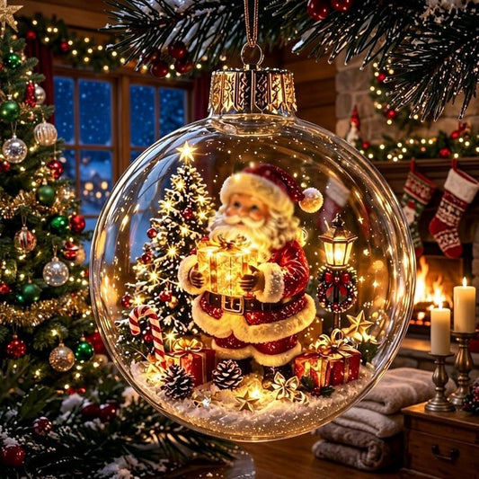 Light Up Christmas Bauble, Glowing Santa Ornament 8cm, Clear Acrylic Xmas Tree Ball, LED Holiday Decor, Christmas Gift Ready to Hang