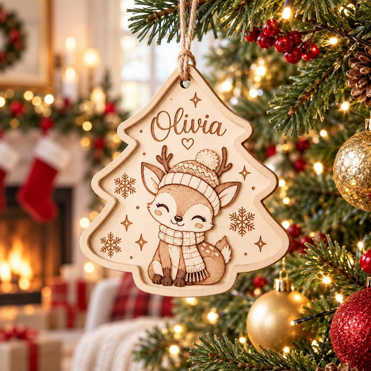 Personalized Deer Christmas Ornament, Custom Name Wooden Ornament, Woodland Reindeer Christmas Tree Decor, Kids Holiday Keepsake