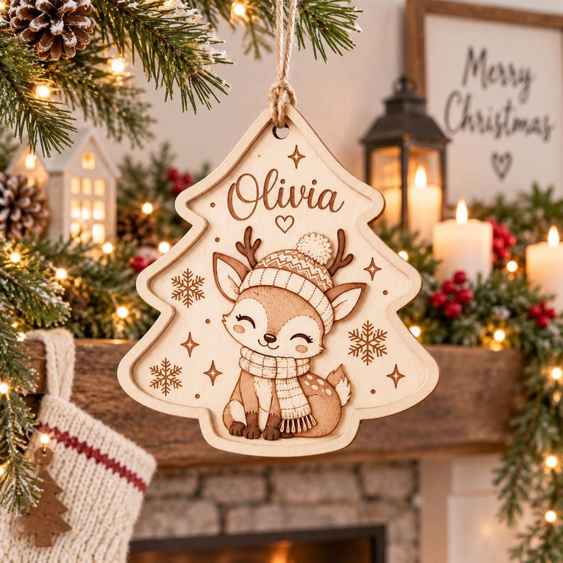 Personalized Deer Christmas Ornament, Custom Name Wooden Ornament, Woodland Reindeer Christmas Tree Decor, Kids Holiday Keepsake