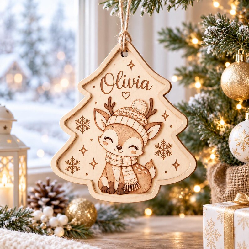 Personalized Deer Christmas Ornament, Custom Name Wooden Ornament, Woodland Reindeer Christmas Tree Decor, Kids Holiday Keepsake