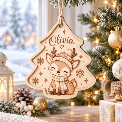 Personalized Deer Christmas Ornament, Custom Name Wooden Ornament, Woodland Reindeer Christmas Tree Decor, Kids Holiday Keepsake