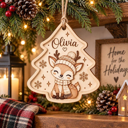 Personalized Deer Christmas Ornament, Custom Name Wooden Ornament, Woodland Reindeer Christmas Tree Decor, Kids Holiday Keepsake