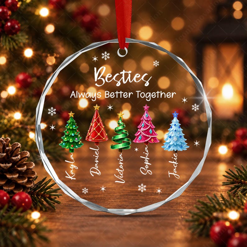 Personalized Friend Christmas Ornament, Besties Always Better Together Circle Glass Ornament