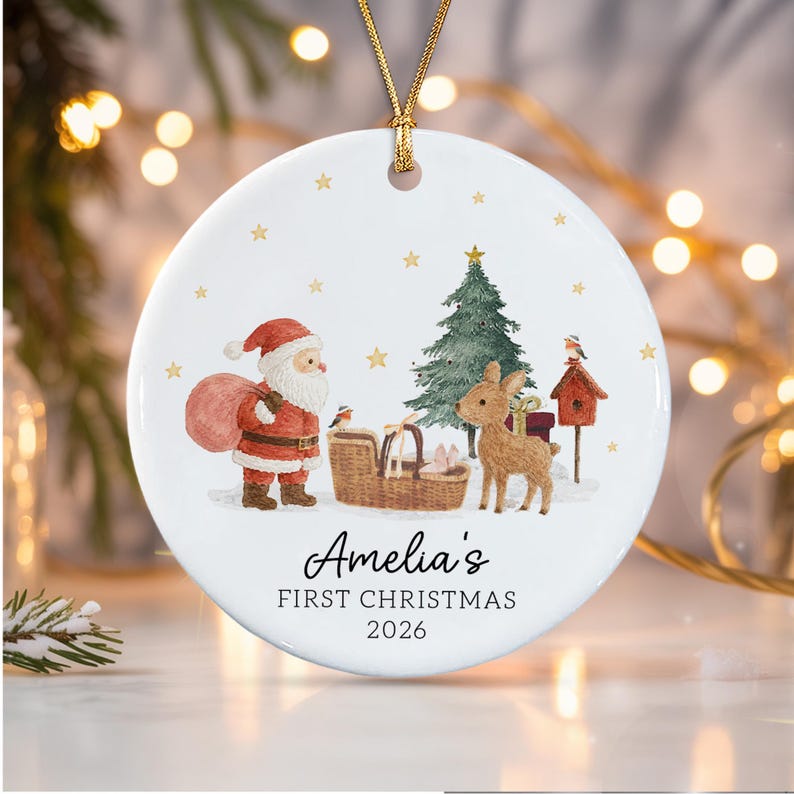 Personalized Baby's First Christmas Ornament, Santa Reindeer with Newborn Basket Circle Ceramic