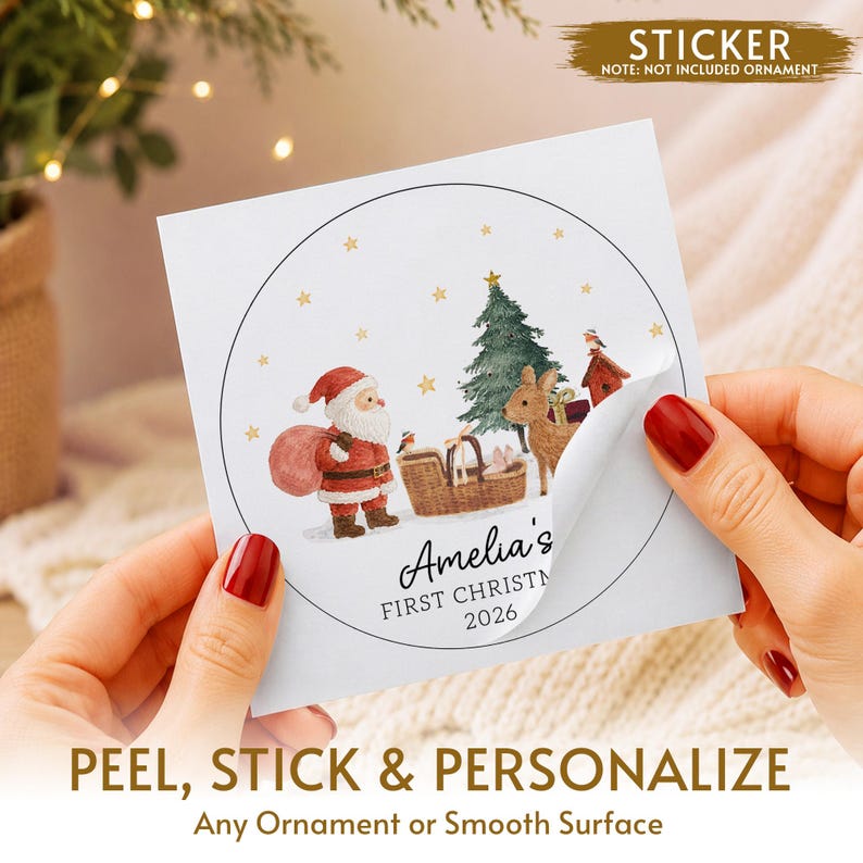 Personalized Baby's First Christmas Ornament, Santa Reindeer with Newborn Basket Circle Ceramic