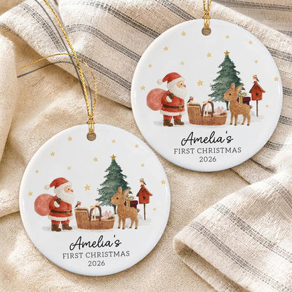 Personalized Baby's First Christmas Ornament, Santa Reindeer with Newborn Basket Circle Ceramic