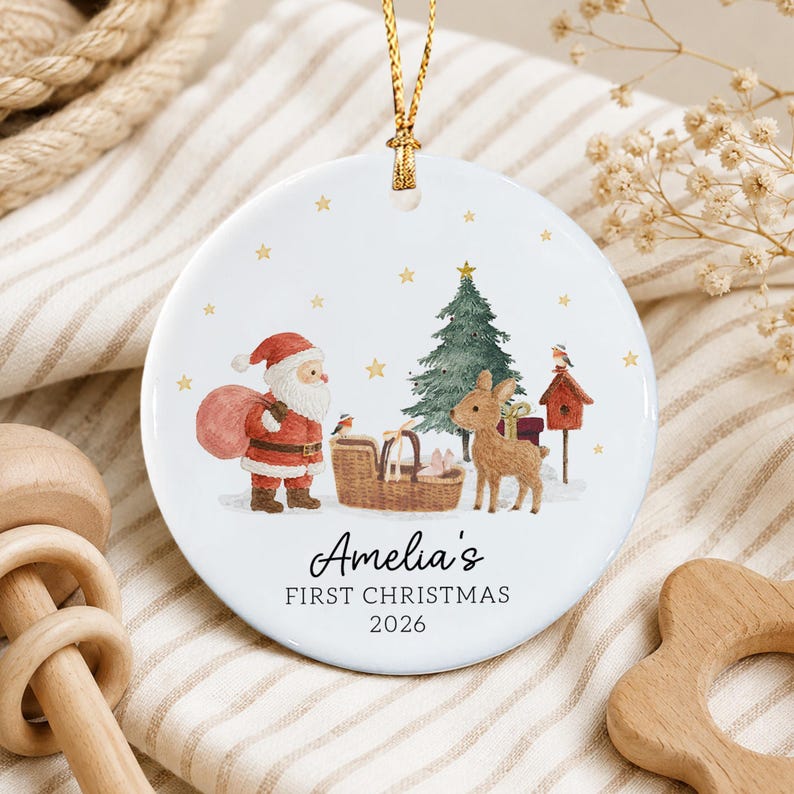 Personalized Baby's First Christmas Ornament, Santa Reindeer with Newborn Basket Circle Ceramic