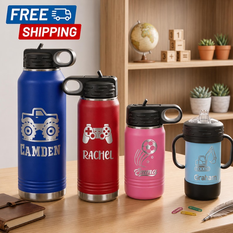 Personalized School Water Bottle, Custom Laser Engraved Stainless Steel Tumbler, Back to School Kids Tumbler