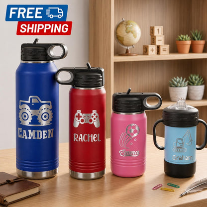 Personalized School Water Bottle, Custom Laser Engraved Stainless Steel Tumbler, Back to School Kids Tumbler