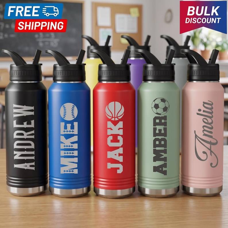 Personalized School Water Bottle, Custom Laser Engraved Stainless Steel Tumbler, Back to School Kids Tumbler