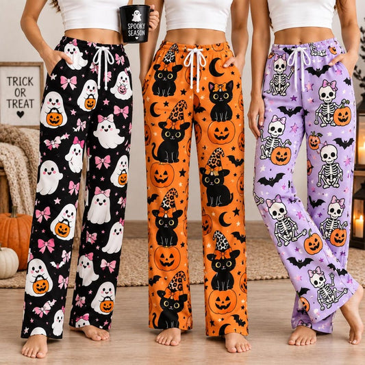 Halloween Pajama Pants for Women, Cute Ghost Pumpkin Cat Wide Leg Lounge Pants, Spooky Fall Sleepwear, Cozy Halloween Gift for Her
