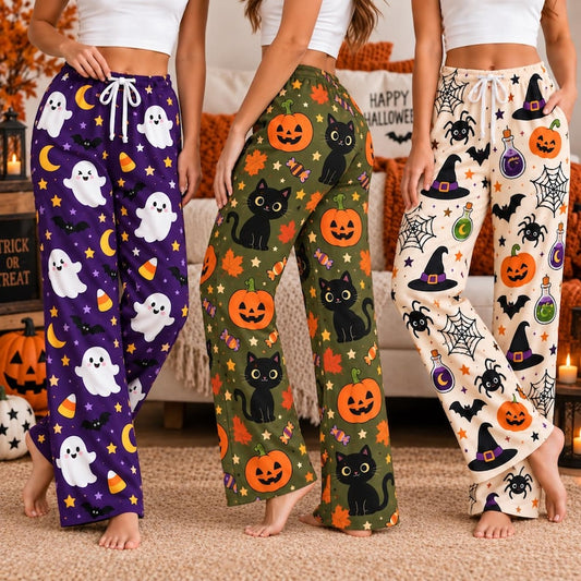 Halloween Pajama Pants for Women, Cute Ghost Pumpkin Cat Wide Leg Lounge Pants, Spooky Fall Sleepwear, Cozy Halloween Gift for Her