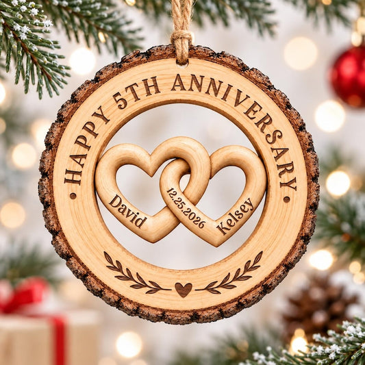 Wood Anniversary Wedding Ornament, Custom 5th Anniversary Wooden Slice Ornament, 5 Years Married Keepsake, Anniversary Gift for Couples