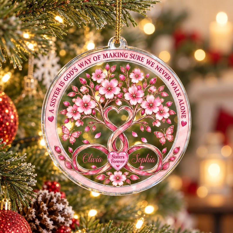Personalized Sisters Acrylic Ornament: Custom Names Tree of Life Keepsake, Sister Friendship Christmas Gift, Best Friend Decor