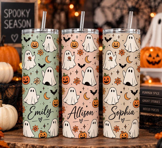 Personalized Halloween Tumbler 20oz, Custom Name Ghost Cup, Insulated Skinny Tumbler, Cute Spooky Travel Cup, Halloween Gift