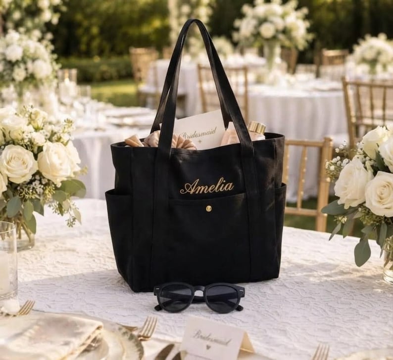 Personalized Embroidered Canvas Tote Bag, Multi-Pocket Utility Shoulder Bag (Bridesmaid Gift)