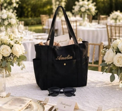 Personalized Embroidered Canvas Tote Bag, Multi-Pocket Utility Shoulder Bag (Bridesmaid Gift)